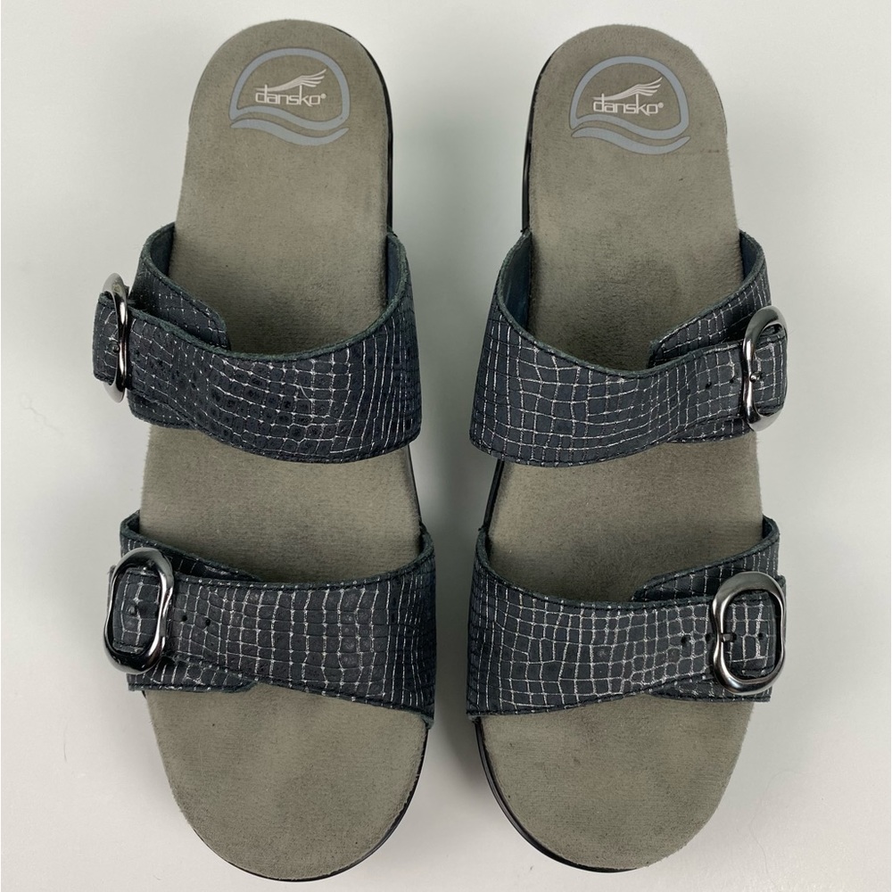 Dansko Leather Sandals Heel US 10 EU 41 Snake Animal Print Gray Silver Slip On